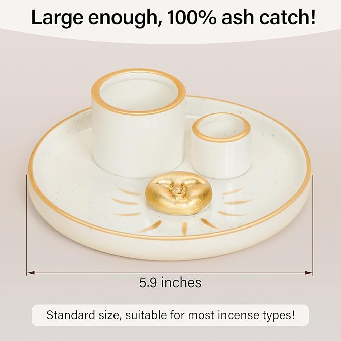 ZenBless Multifunction Incense and Candle Holder for Burning Sage, Palo Santo, Incense Sticks - 5.9" Ceramic Ash Catcher Tray for Meditation Room Home Decor (Gold)