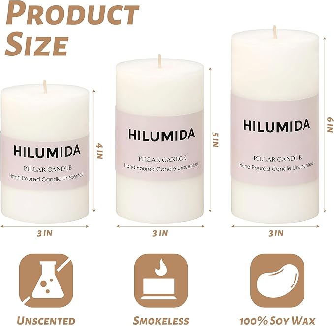 White Pillar Candles Set of 3 - Hand-Poured Unscented Candles,Smokeless Dripless Candles for Dinner Table and Home, Set of 3 in Different Sizes (3"x4", 3"x5", 3"x6")