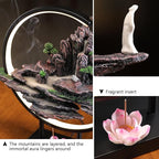 Backflow Incense Waterfall Fountain Burner with Adjustable LED Light Ring,Resin Rockery Landscape Ornament insence-Stick Holder,Compatible with Cone and Stick Incense (Grayish Green)