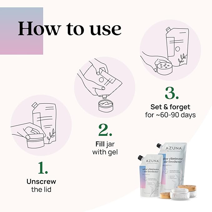 Azuna Air Freshener & Odor Eliminator for Strong Odor | 4 Room Kit Includes (4) Empty Luxe Glass Jar & 24oz Gel Refill with Tea Tree Essential Oil | Aromatherapy | Last 60-90 Days