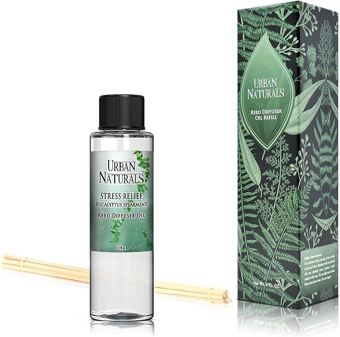 Urban Naturals Stress Relief Eucalyptus Spearmint Reed Diffuser Oil Refill | Fill Your own DIY Diffuser Bottle! Includes Replacement Reed Sticks