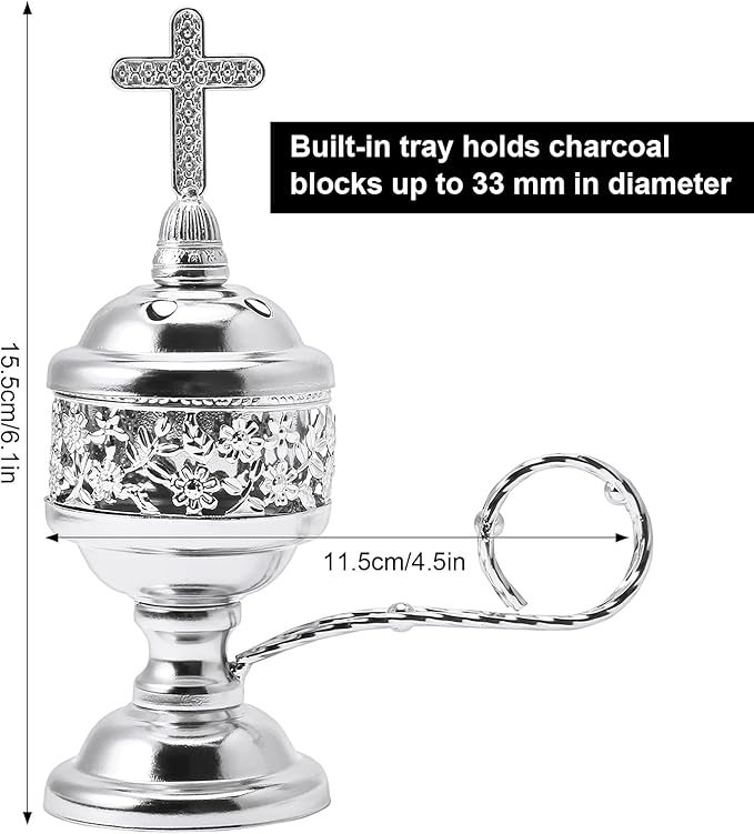 Yawlsow Incense Burner, Frankincense Charcoal Incense Stand, Bakhoor Incense Burner Holder, Ideal for Aromatherapy, Yoga and Spa, Home and Christian Church Censer, (Silver)