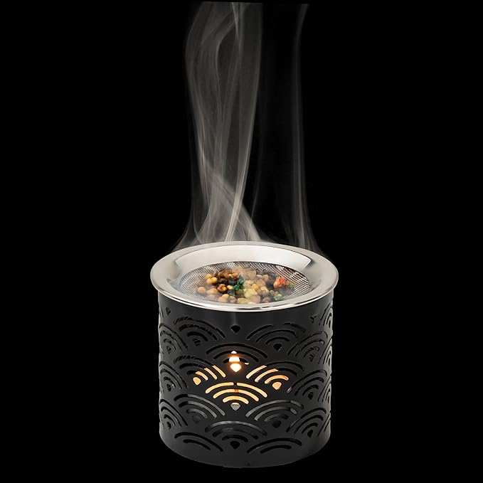 Handcrafted Black Iron Incense Burner - Height 2.36 inch with Exchangeable Stainless Steel Incense Sieve for Safe Burning with Tealight - Aromatic Censer and Essential Oils Holder