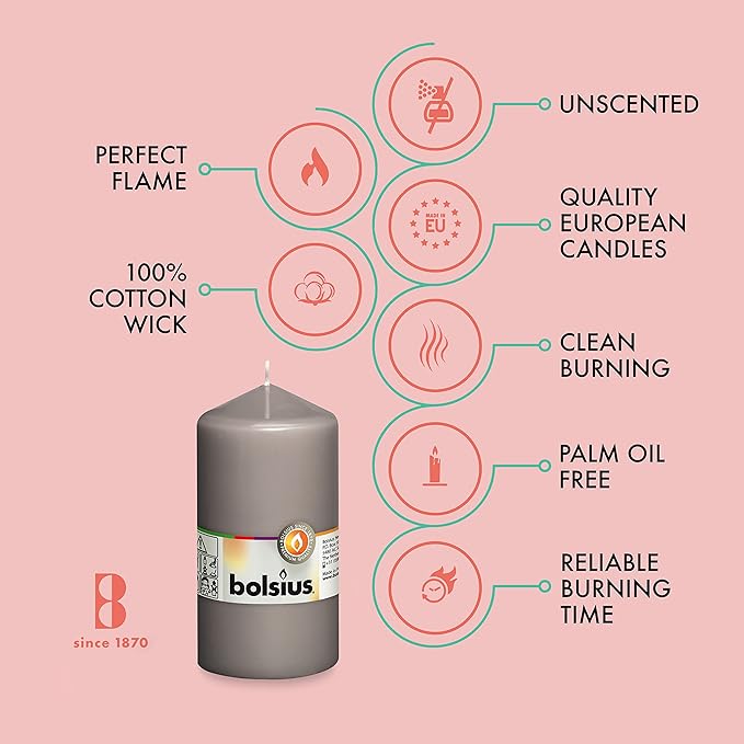 BOLSIUS 8 Grey Pillar Candles - 2.75 x 5 Inches - Premium European Quality - Individually Wrapped - 43 Hours Burn Time - Dripless & Smokeless - Unscented Dinner, Wedding & Restaurant Gray Candles