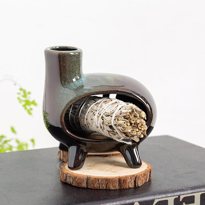 Handcrafted Ceramic Palo Santo Holder Burner with Green Glaze - Modern Footed Pottery Incense Chimney Dish - Great for Meditation - Wood Sticks, Sage, Ash Catcher Bowl, Cone Compatible.