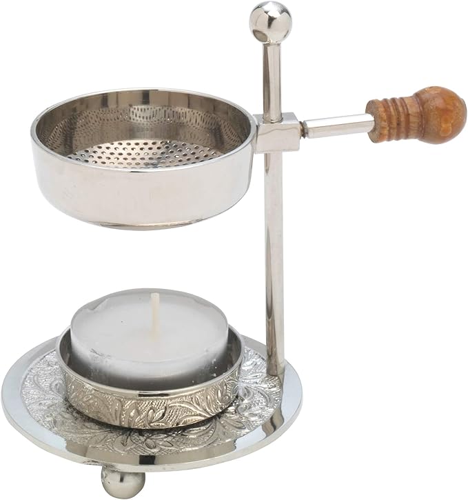 Adjustable Resin Incense Burner/Incense Censer with Tealight and Wooden Handle – HANDCRAFTET Nickel-Plated Brass, Height 4.33 inch, Durable Aromatherapy Holder for Safe Burning