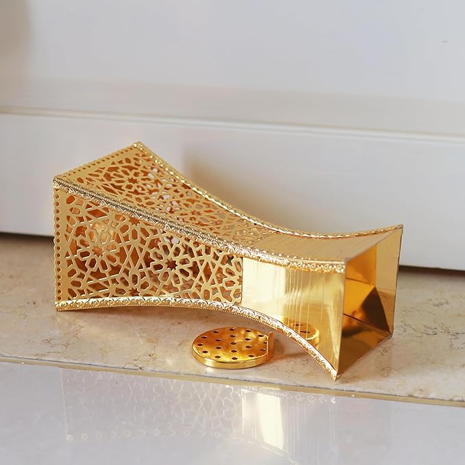 Hand-Carved Charcoal Incense Burner - Bakhoor Burner Magnificent Oud Frankincense Metal Burner for Office & Home Decor - Rust Proof Incense Holders for Yoga Spa Meditation(Gold)