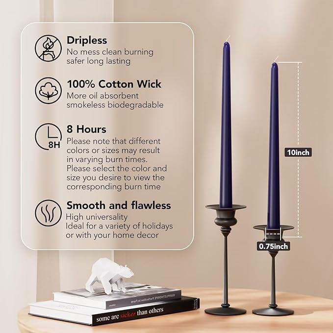 New Burning Formula Unscented Dripless 10-Inch Taper Candles Set of 12 - Navy Blue, for Wedding, Dinner - Smokeless, Long Burning - Hand Poured, Colored Tall Candlesticks - Azul Marino
