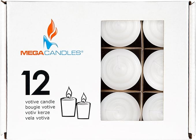 Mega Candles 12 pcs Unscented White Votive Candles, Hand Poured Wax Candle 15 Hours 1.5 Inch x 2.25 Inch, Home Décor, Wedding Receptions, Centerpieces, Occasions, Events, Meditations, Holders