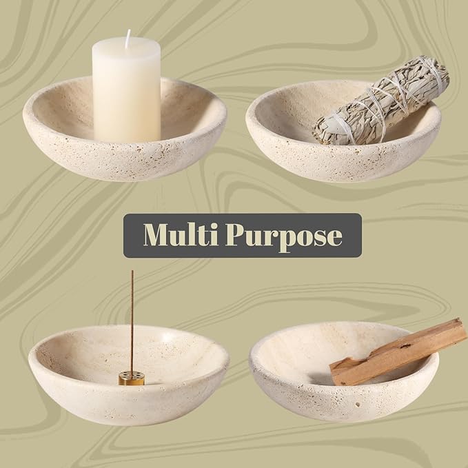 Koville Natural Marble Incense Holder, Incense Holder for Sticks with 9 Holes, Handmade Incense Burner Ash Catcher for Meditation Yoga SPA, Balsam Fir/Palo Santo/Sage/Cone (Travertine)