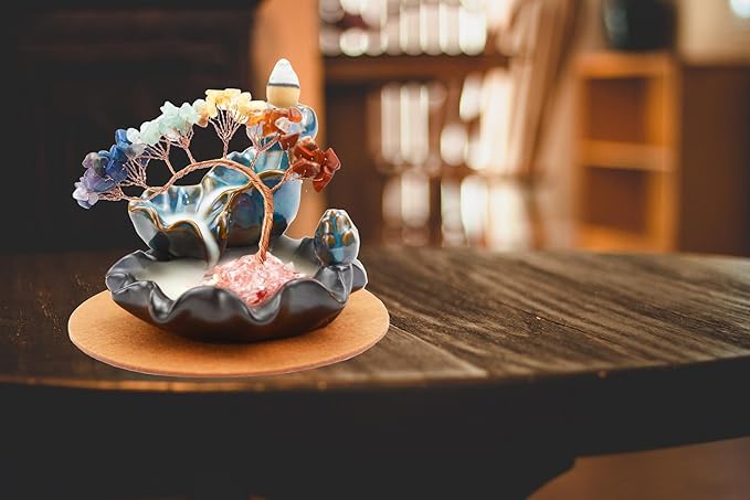 Chakras Backflow Incense Burner, Crystal Tree Incense Waterfall Fountain, Cone Incense Holde, Living Room Shelf Aesthetic Decor