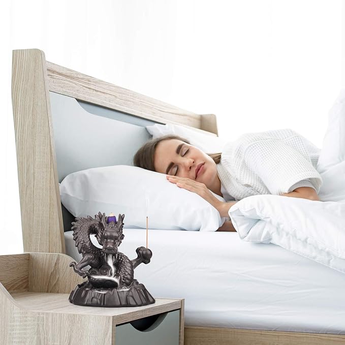 Ceramic Dragon Backflow Incense Holder Waterfall Incense Burner, Smoke Incense Holder, with 70 Backflow Incense Cones + 50 Incense Stick, 1 Mat, 1 Tweezers Home Decor (Brown-Dragon)