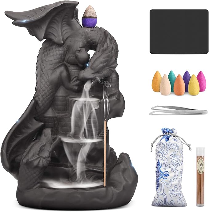 Ceramic Dragon Backflow Incense Holder Waterfall Incense Burner, Smoke Incense Holder, with 70 Backflow Incense Cones + 50 Incense Stick, 1 Mat, 1 Tweezers Home Decor (Brown-Light Dragon)