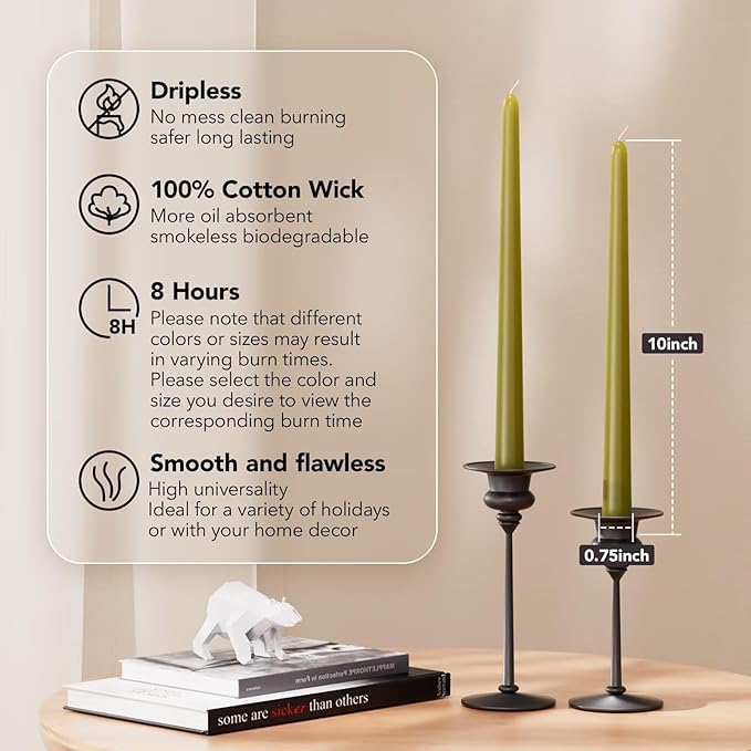 New Burning Formula Unscented Dripless 10-Inch Taper Candles Set of 12 - Olive Green, for Wedding, Dinner - Smokeless, Long Burning - Hand Poured, Colored Tall Candlesticks - Verde Oliva