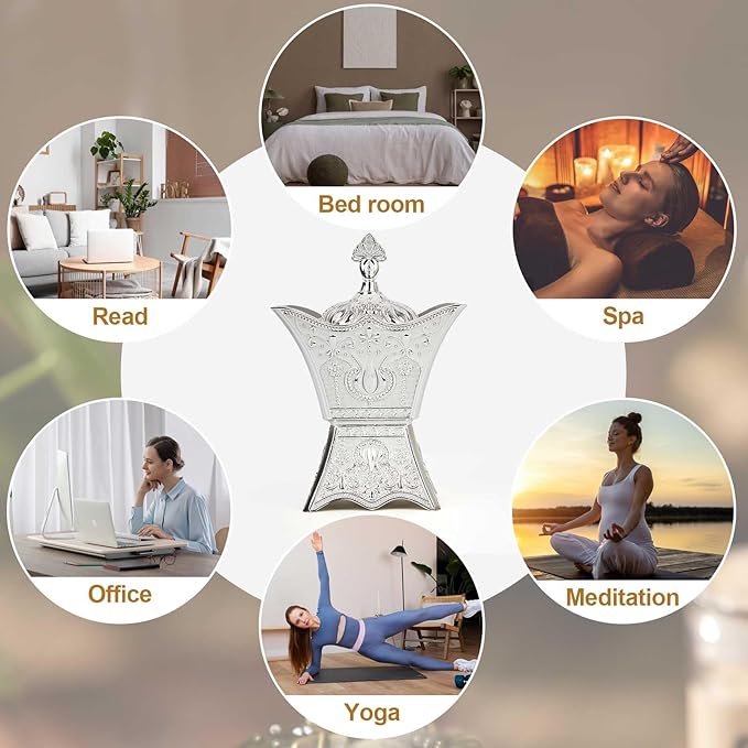 Bakhoor Incense Burner, Charcoal Incense Burner - for Yoga, Spa Aromatherapy, Office & Home Decor, Trophy Shape (Silver)