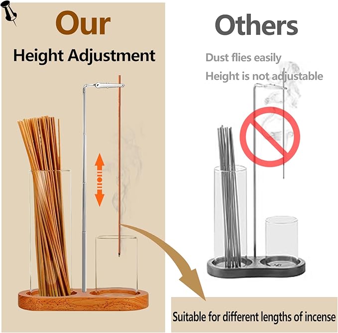 2 in 1 Incense Holder for Sticks(Height Adjustable), Anti-Ash Flying Insence-Sticks Burner with Glass Incense Holder Organizer for Meditation Yoga Spa Home Decor Sage (Silver Metal Rod)