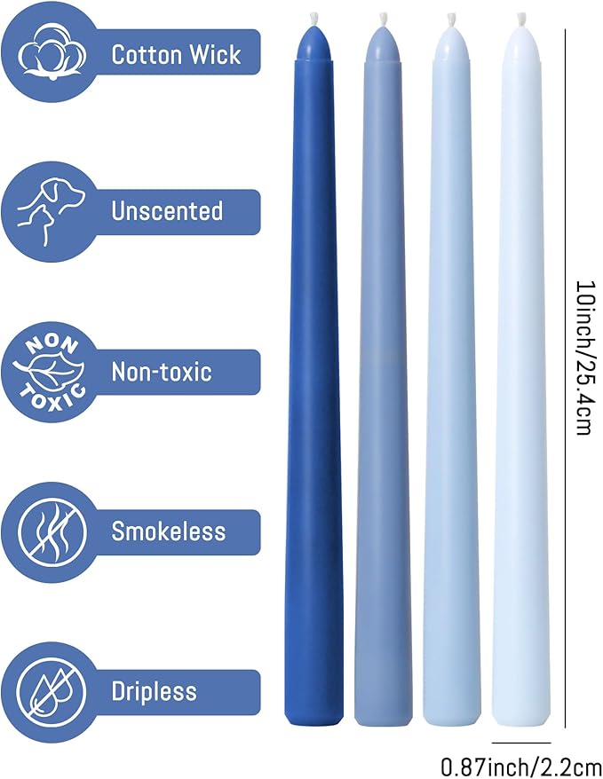 Viyffo 10 Inch Taper Candles Blue Set of 12 Unscented, Dripless, Smokeless Long Tall Tapered Candlesticks Wedding Home Decor Dinner Natural Color Series