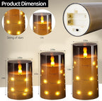 Flameless Candle with String Light, Battery Powered Candle, Recessed String LED Candle, Indestructible Plexiglass Candles with Remote Control, Set of 3, Gray