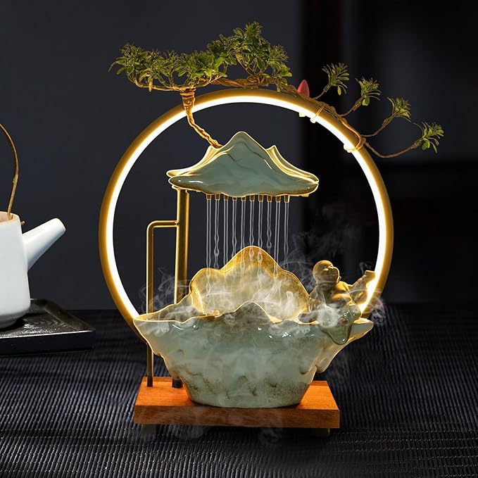 Backflow Incense Holder with Water Fountains and LED Light, Rockery, Maitreya and Plants Perfect for Relaxing or Home Decor (Maitreya)