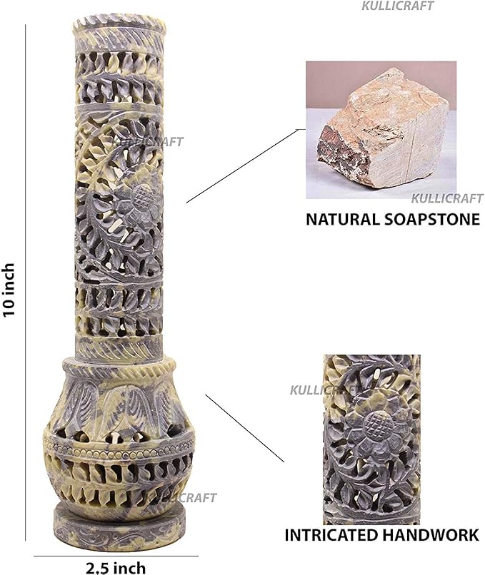 Carry Me Marble Soapstone Incense Stick Holder | Candle Burner | Tea Light Stand - Perfect Handmade Bottle Tower. Decorative Floral Carving for Gifting - Home and Office Decor - (2.5x2.5x10 Inches)