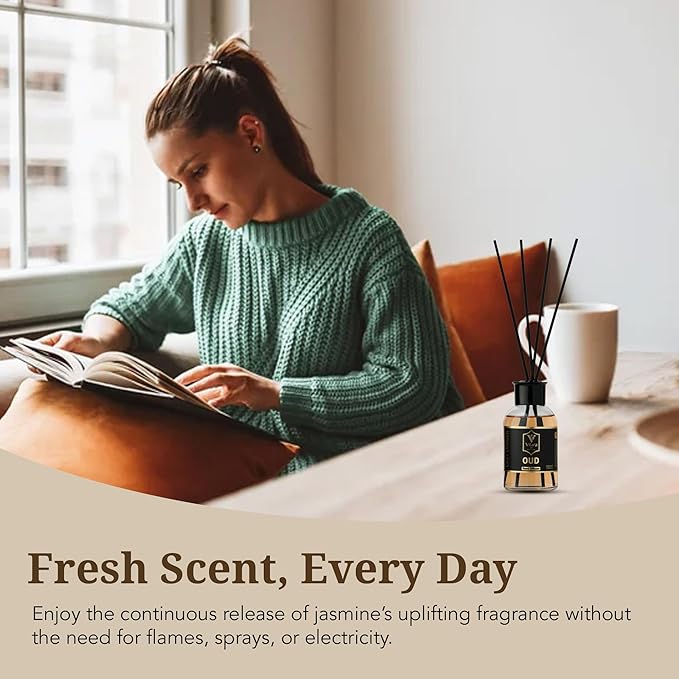 Oud Diffuser Set with Sticks - Reed Diffuser for Bathroom, Bedroom, Office, Living Room - Woody Aromatics for Home Aromatherapy - Luxury Fragrance Sticks Diffuser Set - 3.72 fl oz