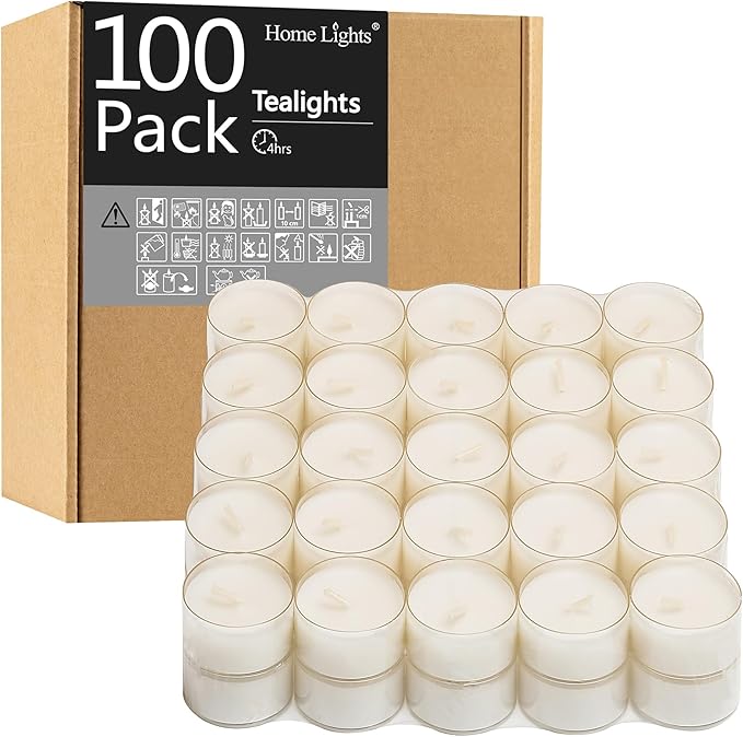 Tealight Candles, Giant 100,200,300 Bulk Packs, 4-4.5 Hrs White Unscented European Smokeless Clear Cup Tea Lights for Shabbat, Weddings, Christmas, Home Decorative- 100 Pack