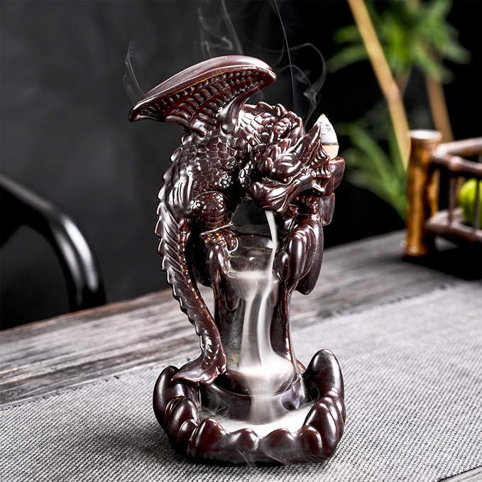 Ceramic Dragon Backflow Incense Holder Waterfall Incense Burner, Smoke Incense Holder, with 70 Backflow Incense Cones + 50 Incense Stick, 1 Mat, 1 Tweezers Home Decor (Brown-Flying Dragon)