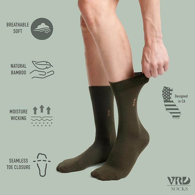 VRD Men’s Dress Socks, Bamboo 5-Pack Mens Socks, Mid Calf Length, Crew Socks Gift for Men Shoe Size 8-13
