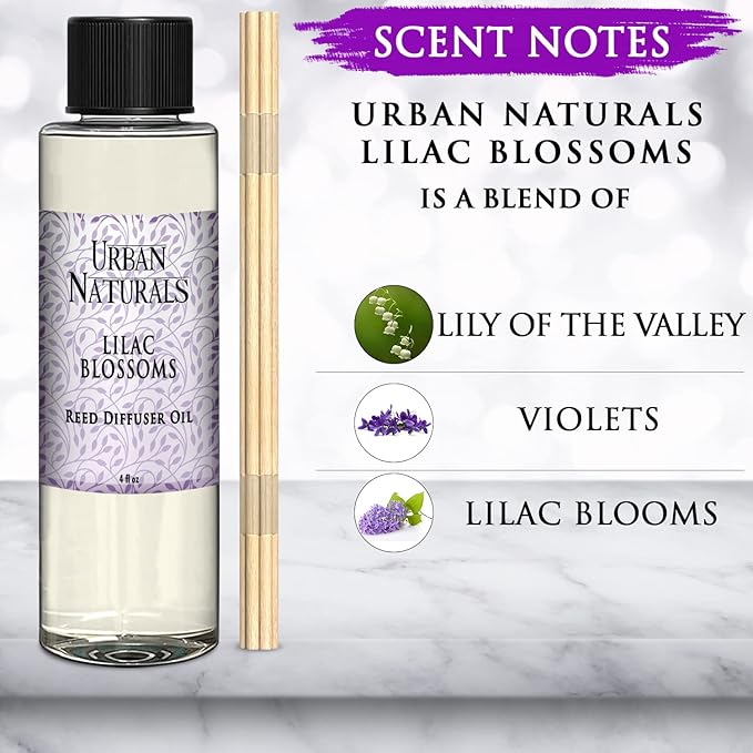 Urban Naturals Reed Diffuser Oil Refill, Lilac Blossoms Oil for Diffuser with Lilac, Violets, Lily of The Valley, 4 oz + Free Reed Sticks, Made in The USA