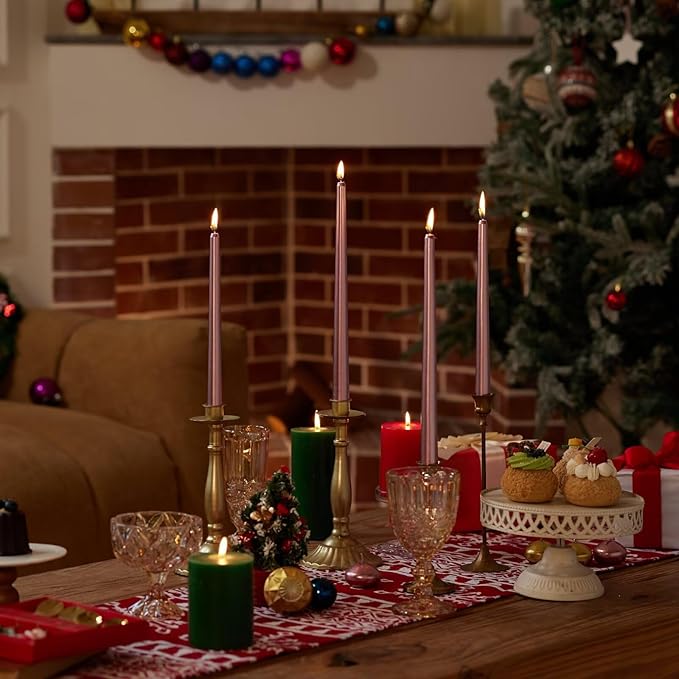 New Burning Formula Unscented Dripless 10-Inch Taper Candles Set of 12 - Rose Gold, for Wedding, Dinner - Smokeless, Long Burning - Hand Poured, Colored Tall Candlesticks - Oro Rosa