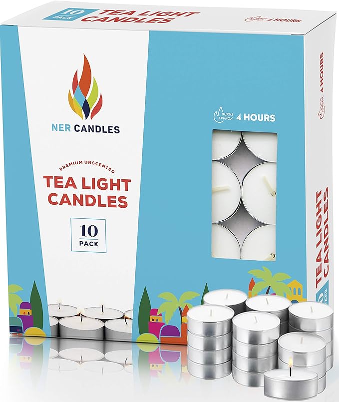 Tea Lights Candles - 4.5 Hour Burn Time - 10 Pack Bulk Candles - White Unscented - Travel Candles - Shabbat Candles - Long Burn Time