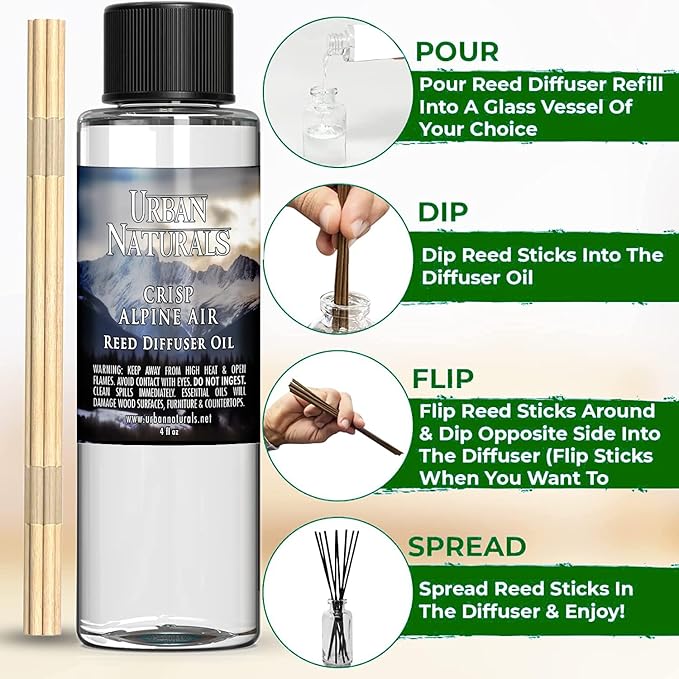 Urban Naturals Reed Diffuser Oil Refill, Crisp Alpine Air Diffuser Oils with Eucalyptus, Pine, Citrus, 4 oz + Free Reed Sticks, Made in The USA