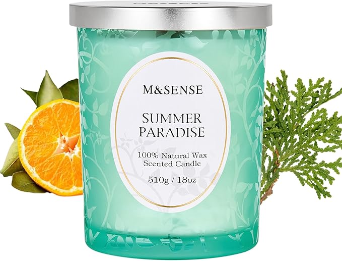 M&SENSE Citrus Pine Scented Candles Summer Paradise, Wooden Wick Candle with Lid, 100 Hours Slow Burning No Toxin Natural Soy Wax 18oz, Air Purifying Calm Relax Home Fragrance, Housewarming Gifts