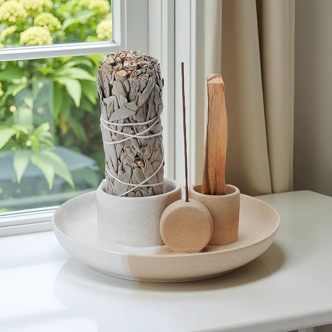 4 in 1 Incense Holder, Ceramic Incense Stick and Palo Santo Holder,Sage Holder for Burning- 5.5" Ceramic Ash Catcher Tray for Meditation and Yoga Room (White Sand)