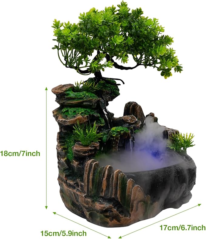 Rockery Stream Tabletop Fountain with Atomizer,Water Pump,LED Light Zen Meditation Indoor Waterfall Feature Indoor Relaxation Desktop Fountain for Home Office Bedroom Decoration (A)