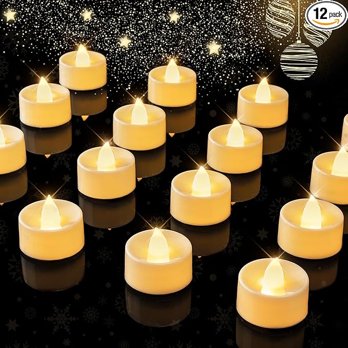 BEICHI 12-Pack Timer Tea Lights Candles Battery Operated, LED Tea Lights, Built-in 6 Hours Timer, Flameless Fake Candles, Tea Light Flickering Votive Candle 1.5'' D x 1.3'' H (Ivory Shell)