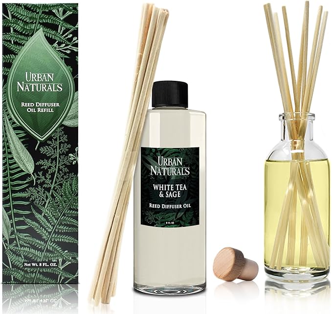 Urban Naturals Reed Diffuser Oil Refill White Tea Sage with Bergamot, Soft Herbal Notes 8 oz + Free Reed Sticks, Made in The USA