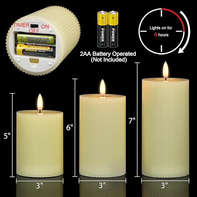 Real Wax Flameless Candles with 6hrs Timer, Battery Led Pillar Candles Flickering 3D Wick Pack of 3 Striped Candles, Party Dinner Home Decor House Warming, Ivory Φ 3" H 5" 6" 7"