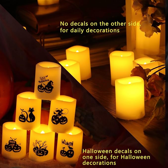 CANDLE CHOICE Battery Operated Flameless Votive Candles with Timer LED Candle Lights with Automatic Built-in Daily Cycle Timer, Pumpkin Decals for Halloween Decorations, Pack of 6, Batteries Included