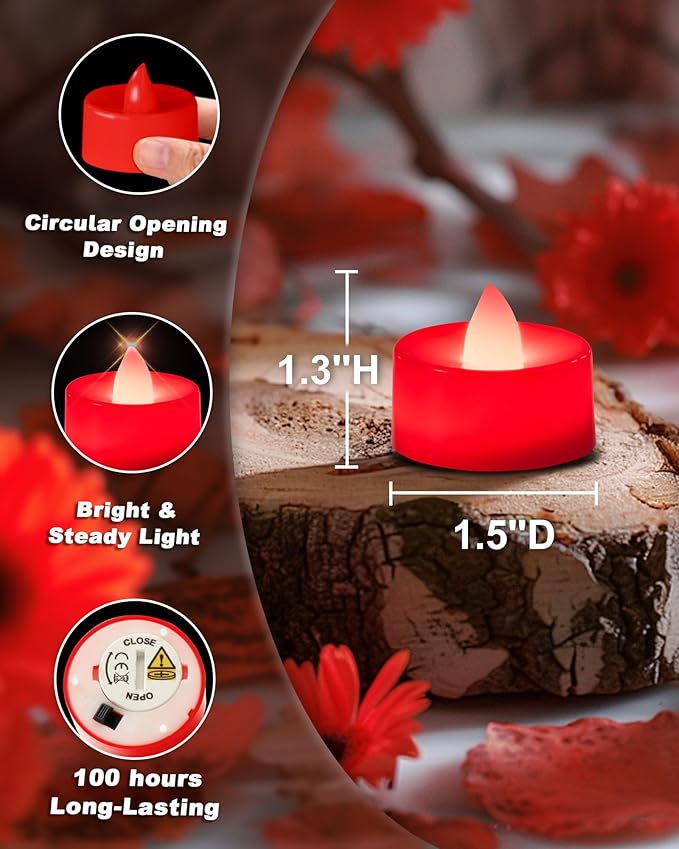 Raycare Red Tea Lights Battery Operated, 24 Pack Long Lasting Electric Votive Candles, Realistic Fake Flameless LED Tea Lights for Wedding Party Thanksgiving Christmas Halloween Decorations