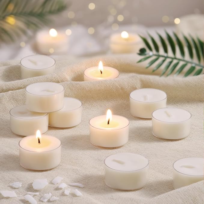 Scented Tea Lights Candles, Coconut Shoreline, 48 Pack – White Scented Tealight Candles – 100% Palm Wax, 6 Hour Burn Aromatherapy Tea Light Votive Candle for Spa Gift Sets, Relaxation, Bath