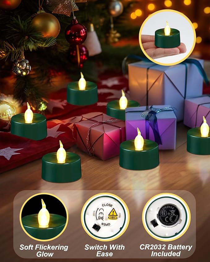 BEICHI Green Flameless Candles, 24-Pack LED Tea Lights Candles Battery Operated, Electric Fake Tealight Candles, Votive Candles Bulk for Halloween, Christmas, Party, Mardi Gras