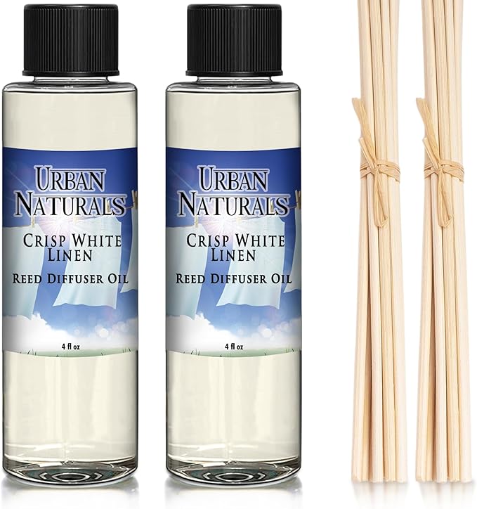 Urban Naturals Crisp White Linen Scented Oil Reed Diffuser Refill | Free Set of Reed Sticks! A Fresh, Clean Cotton Scent, 4 oz (2 Pack)