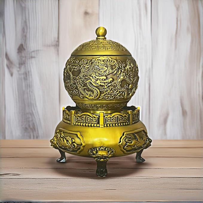 Spinning Chinese Brass Incense Burner with Lid - 1027g Solid Brass Dragon Lion Feng Shui Censer, 3.5 Inch Mouth for Sage and Cones, 4.7x4.7x6.3 Inch Natural Brass Altar Decor