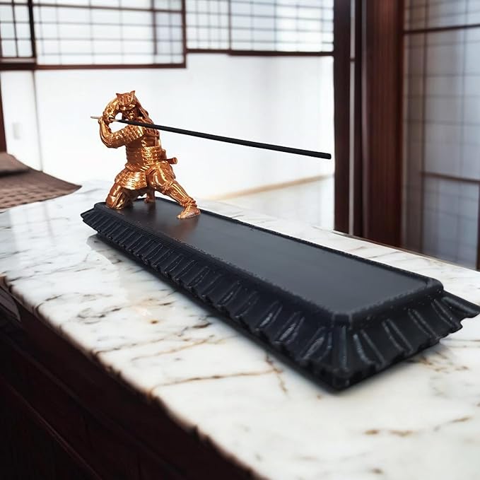 Samurai Incense Holder, Incense Burner with Storage Box, Ash Catcher, Warrior Incense Burner for Aromatherapy, Meditation, Yoga (Silk-Copper Samurai & Black Box)