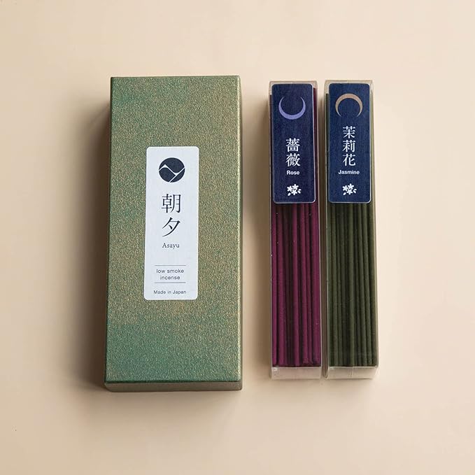 Asayu Japan Low Smoke Incense Sticks - Floral Set (Jasmine + Rose), 40gr (Each Scent 20g), for Yoga, Zen Meditation and Relaxation - Smokeless for Less Irritation