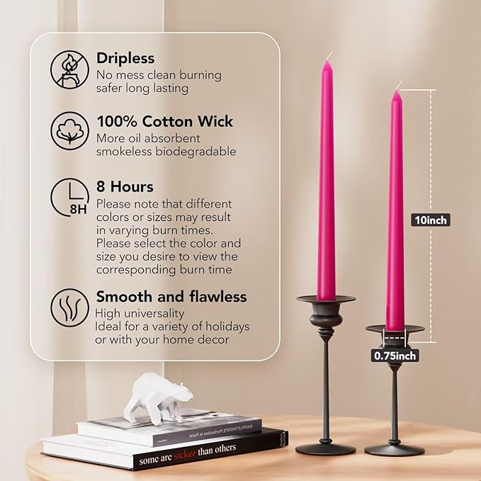 New Burning Formula Unscented Dripless 10-Inch Taper Candles Set of 12 - Hot Pink, for Wedding, Dinner - Smokeless, Long Burning - Hand Poured, Colored Tall Candlesticks - Rosa Intenso
