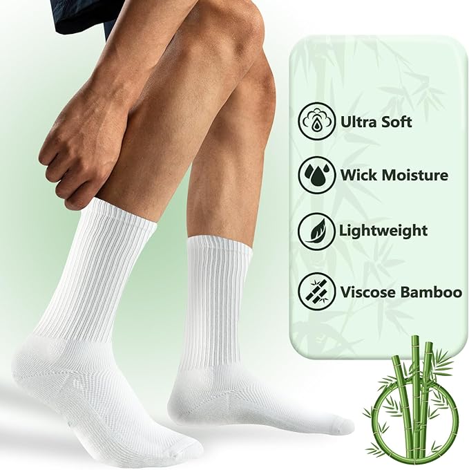 +MD Crew Socks for Men 6 Pairs, Viscose Bamboo Socks, Mens Dress Socks with Soft Cushioned, Smell Control, Black White