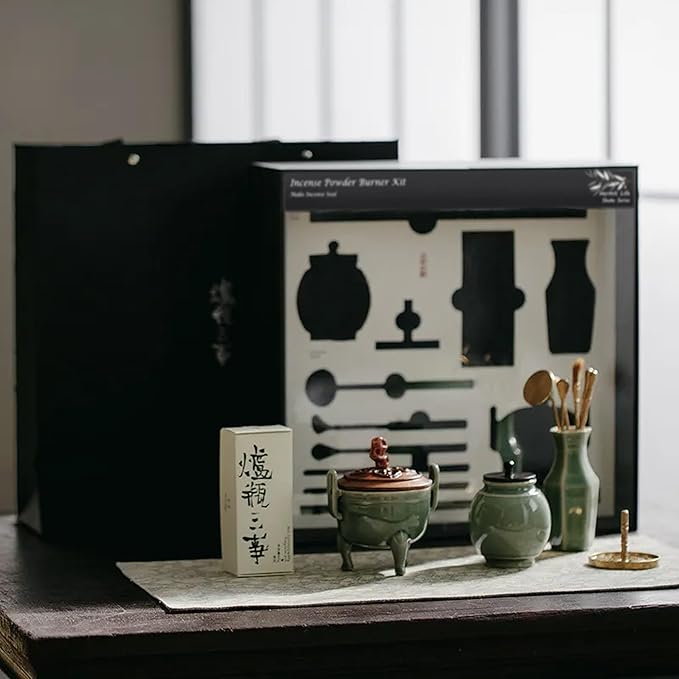 Celadon Incense Powder Burner Kit - Making Seal With 12pcs Toolskit, Chinese Holder for Stick/Cone/Coil/Powder, Gift for Women