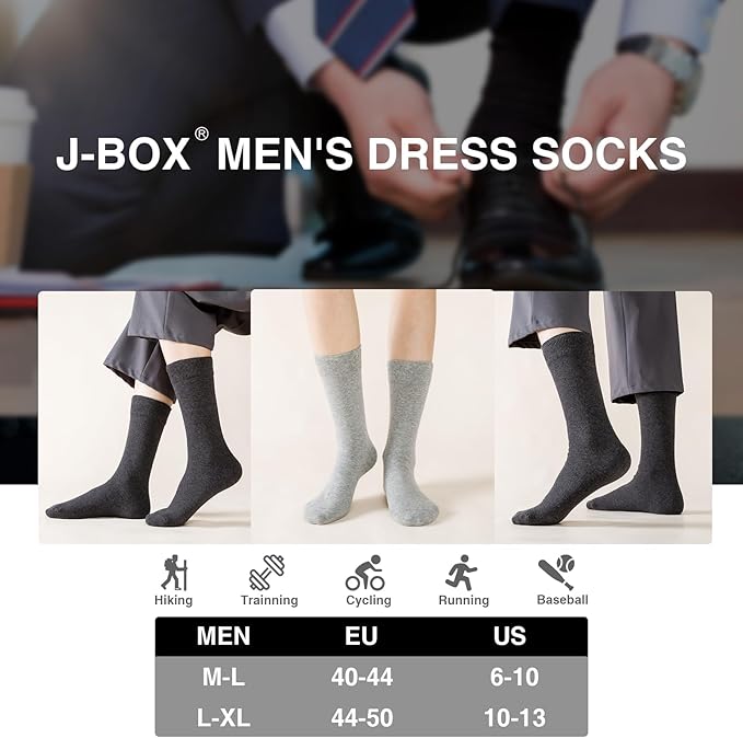 J-BOX Men's Cotton Crew Socks-Wicking Black Dress Socks, Anti-Odor&Breathable for Business/Casual, Size 6-15